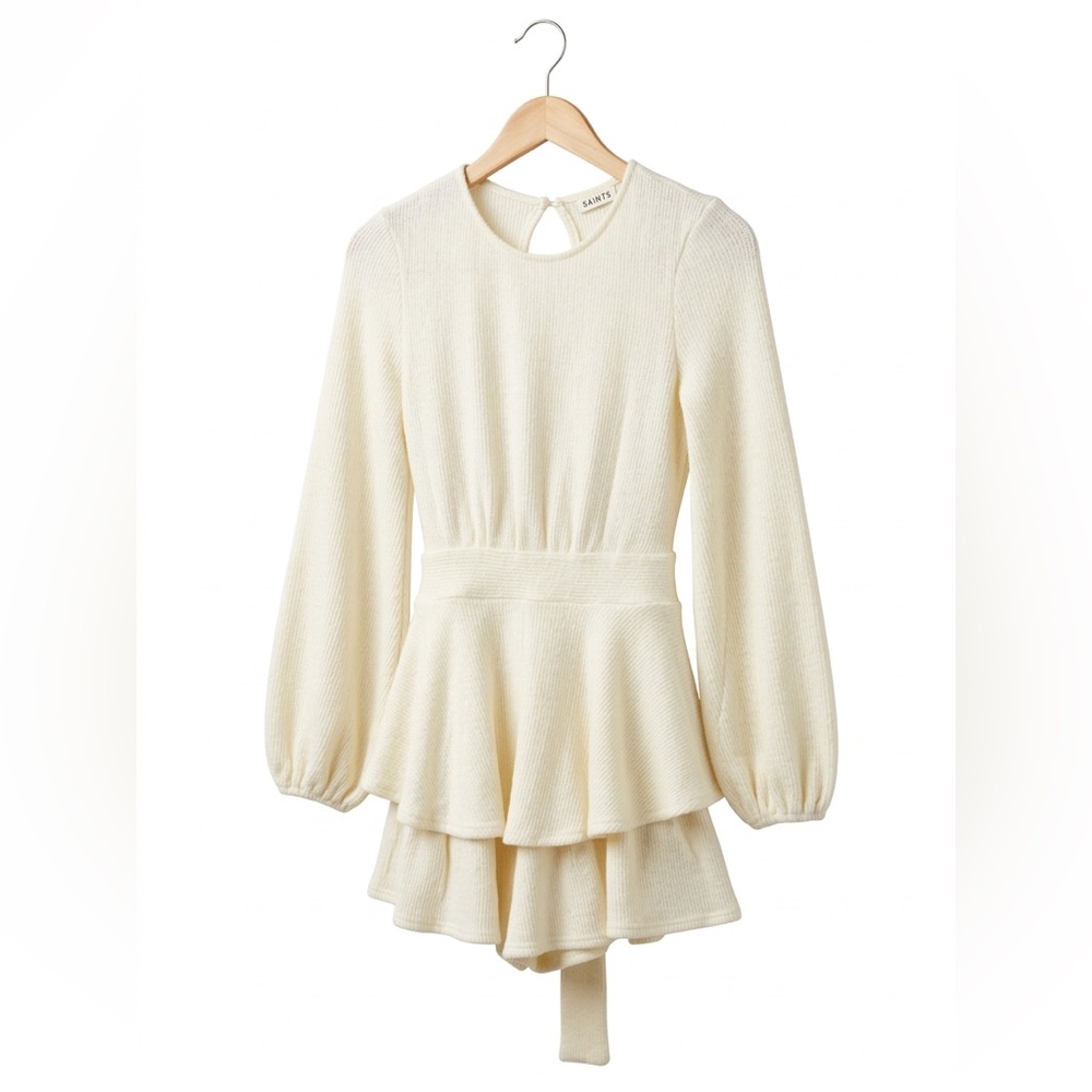 Saints + Secrets Cream Ribbed Knit Open Back Tiered Ruffle Romper US M